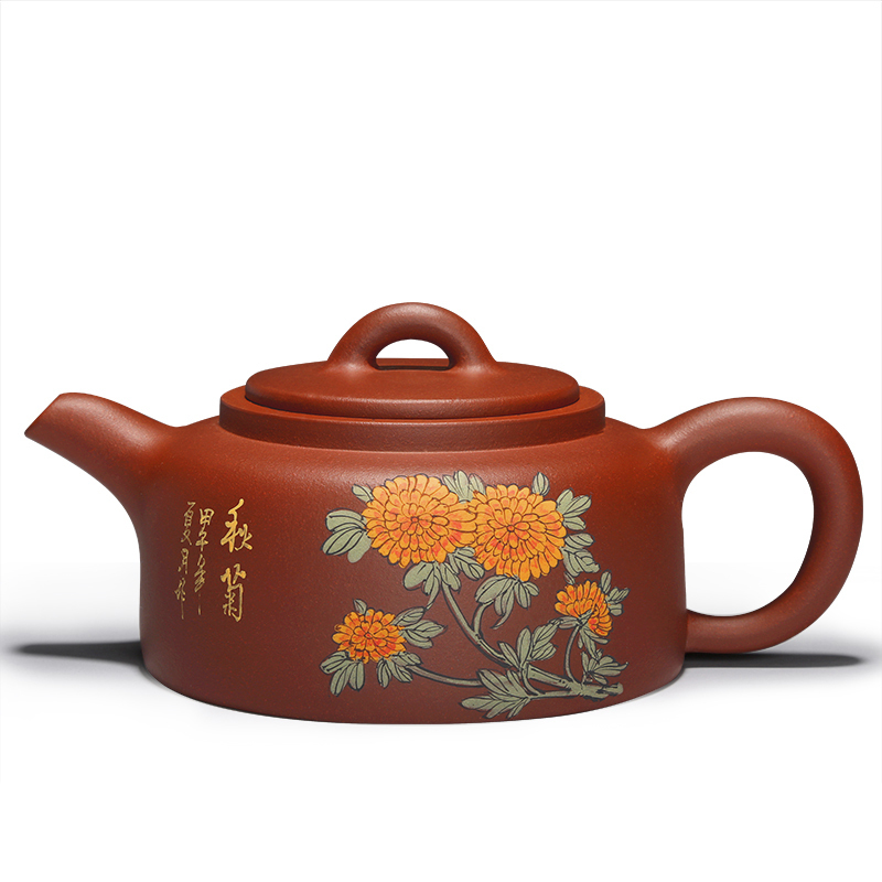 [国工瞿军强]金镶玉紫砂壶手绘秋菊 全手工收藏级宜兴紫砂茶壶 茶具 曼生井栏壶250ml