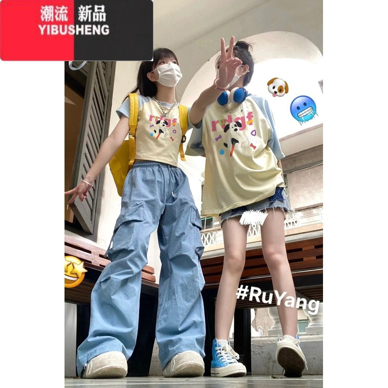 YIBUSHENG季多巴胺穿搭正肩T恤女y2k甜辣妹短款小众闺蜜装插肩短袖小上衣