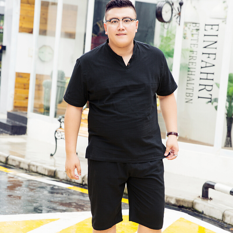 加肥加大休闲套装男装棉麻夏季薄款大码亚麻胖子大号宽松短裤短袖T恤肥佬两件套