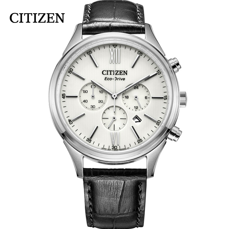西铁城(CITIZEN)光动能黑色皮带三眼表盘防水休闲时尚男表CA4410-17A