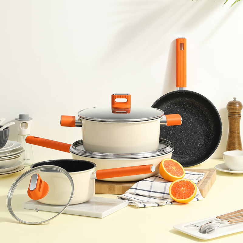 德世朗 DFS-TZ936C 锦“橙”精铁不粘锅四件套 炒锅+汤锅+煎锅+奶锅(30cm+24cm+24cm+18cm)