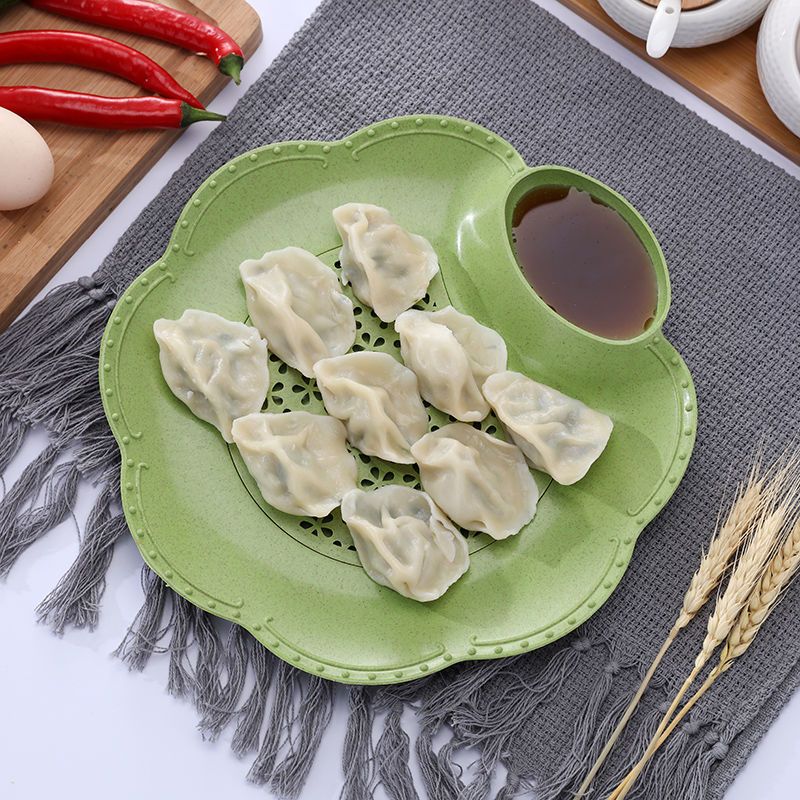 精致小生活【粉色水饺盘】 【精致小生活】麦秸秆沥水双层饺子盘带醋碟饺子盘