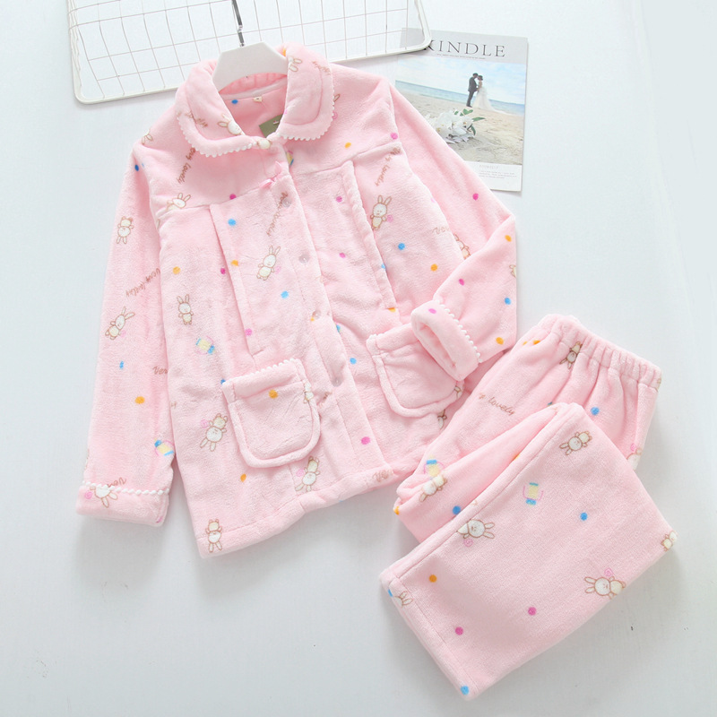 秋冬韩版兔子月子服产后加厚法兰绒哺乳衣喂奶家居服睡衣两件套装