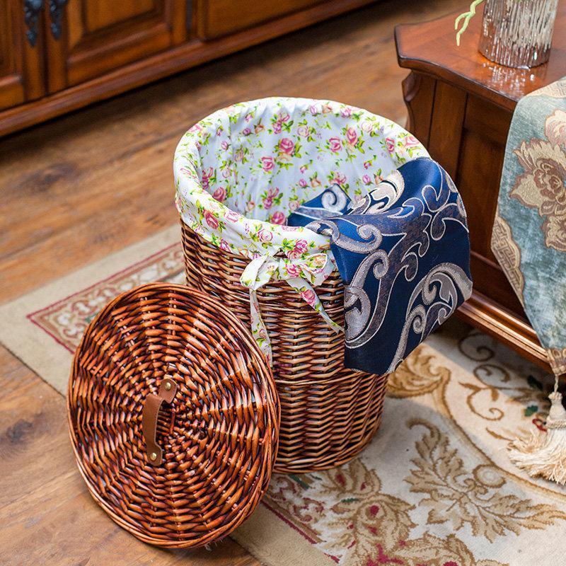 美帮汇脏衣篮藤编有盖洗衣篮大号衣物篓脏衣服家用浴室收纳筐玩具桶 棕色筐+玫瑰花里布