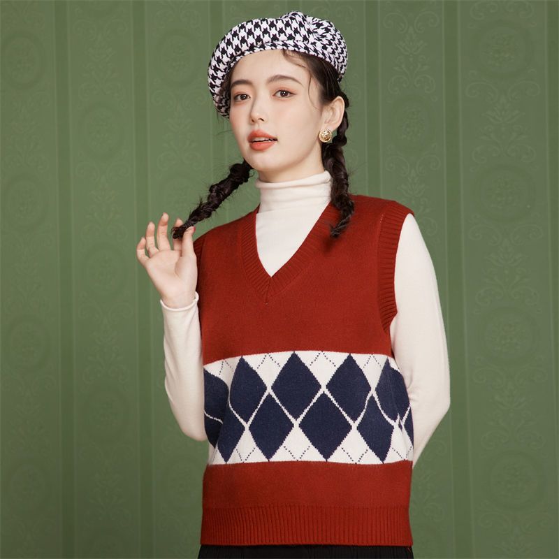 cachecache菱格针织马甲女日系复古v领外穿叠穿坎肩毛衣格子背心