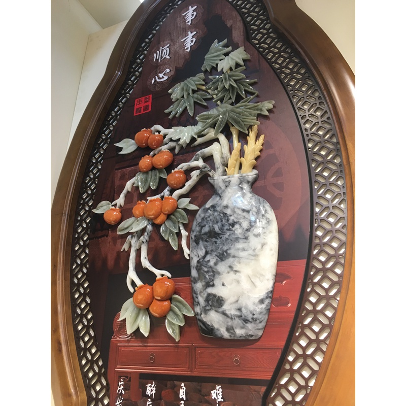 家柏饰(CORATED)加厚边框木画挂件 实木客厅玄关壁挂装饰画 玉石玉画挂件 花开富贵高清大图