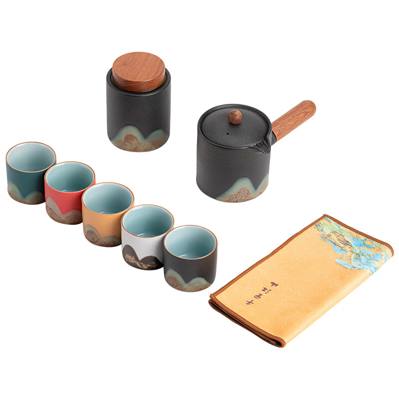 苏氏陶瓷/SUSHI CERAMICS J0924 手绘釉画彩千里江侧把壶五色杯高清大图