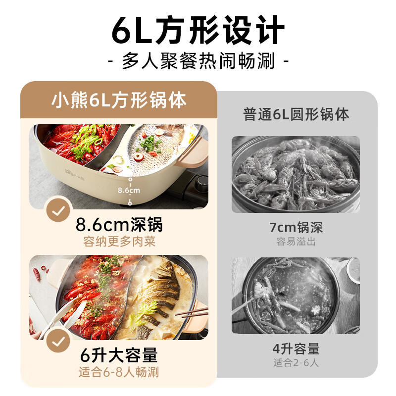 小熊(Bear)6L鸳鸯锅电火锅 火锅电煮锅多功能锅一体 电热锅DHG-D60F1高清大图
