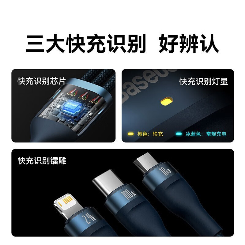 倍思(Baseus) 数据线三合一100W超级快充6A安卓type-c苹果充电线高清大图
