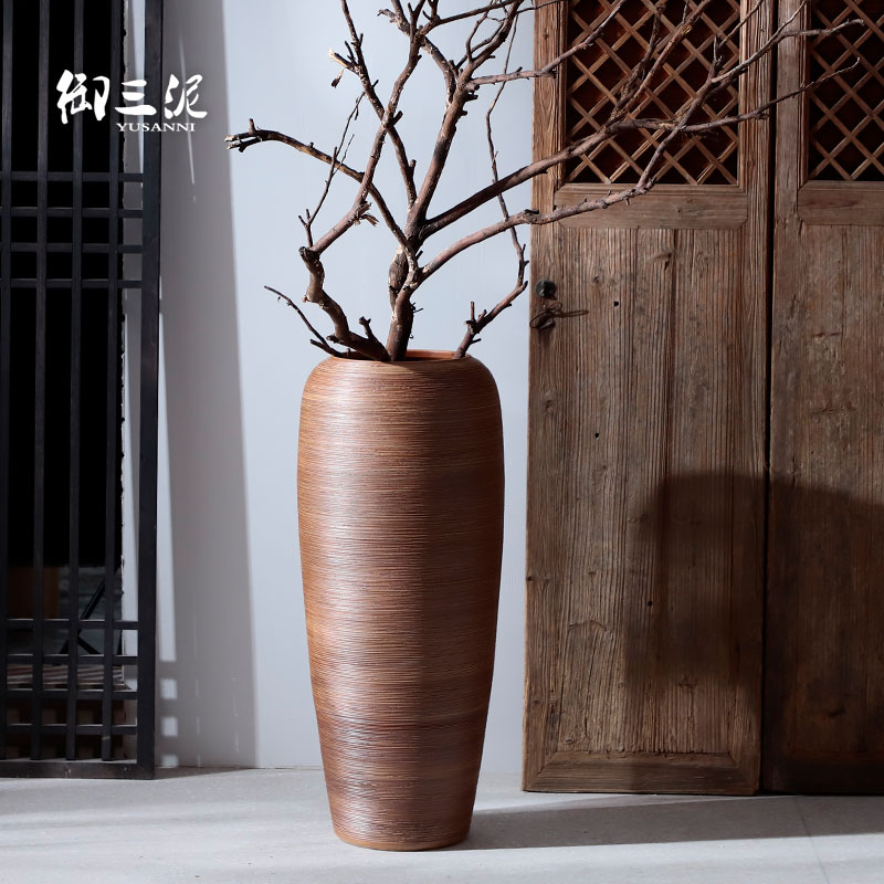 景德镇现代简约陶瓷花瓶客厅插花摆件陶罐鱼缸陶缸落地大号花盆 三维工匠 棕树纹(落地)小号50*30cm高清大图