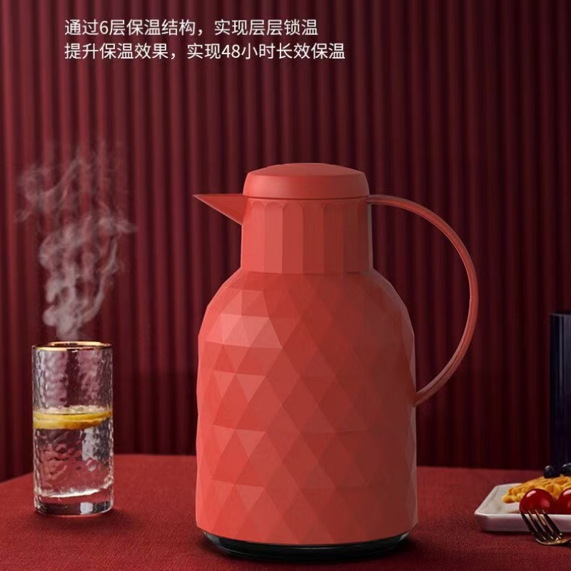 乐唯诗 保温壶家用玻璃内胆按压款钻石棱 大红色—1000ml高清大图