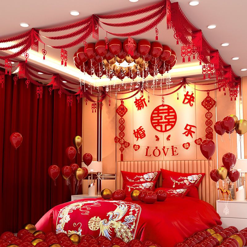 客厅鸳鸯绣球喜拉花婚房布置套装结婚婚房装饰创意浪漫婚庆婚礼气球