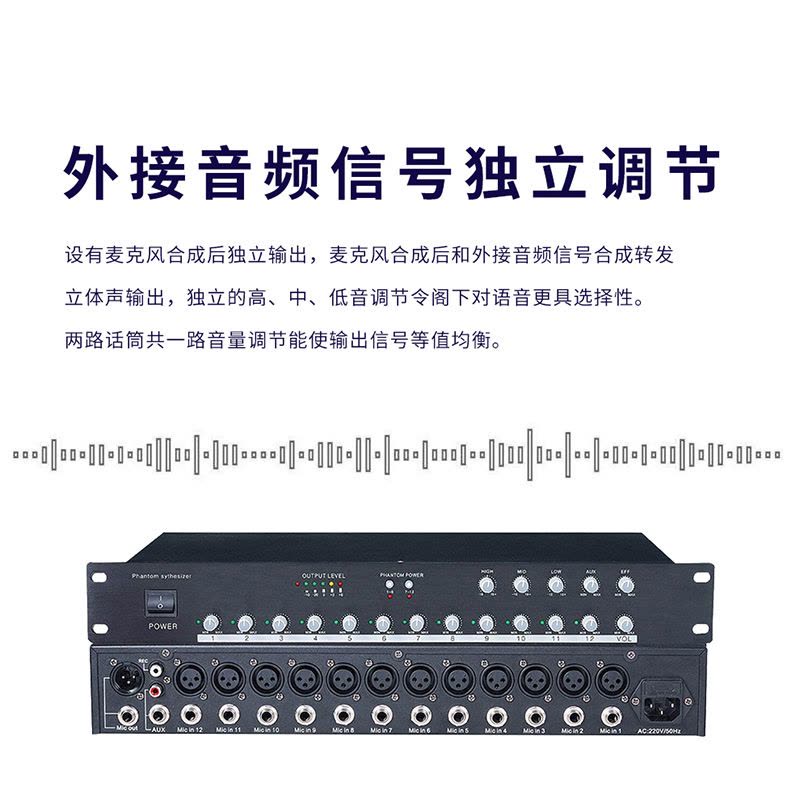 润普Runpu国产化音视频会议音频扩声系统话筒集线器十二路幻象供电混音器 RP-HT1012图片