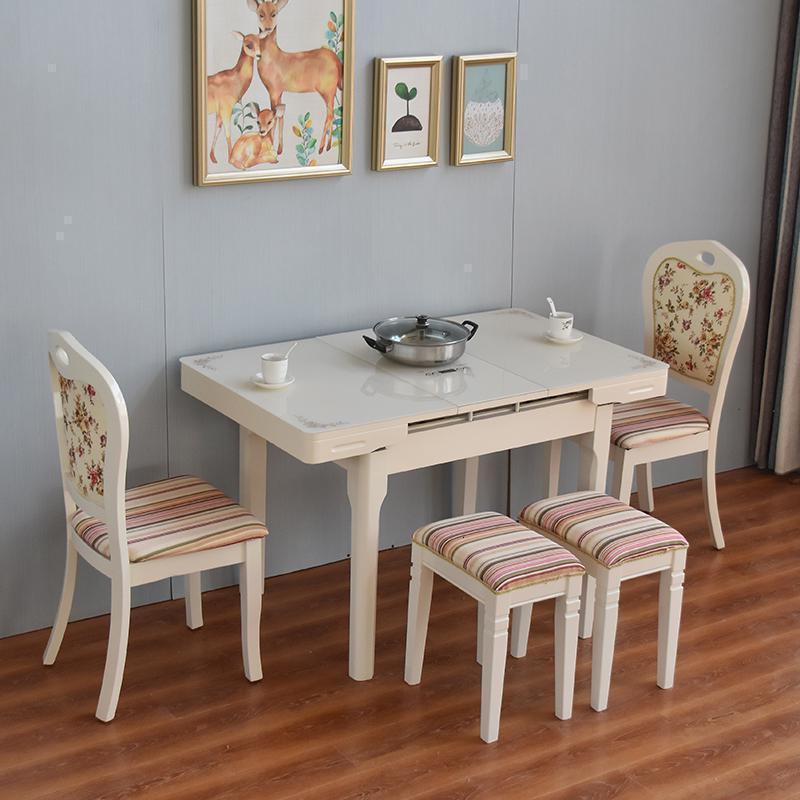 BONJEAN抽拉可伸缩餐桌椅组合现代简约小户型家用多功能折叠餐桌吃饭桌子 幸福花（花想容）带炉两椅两凳