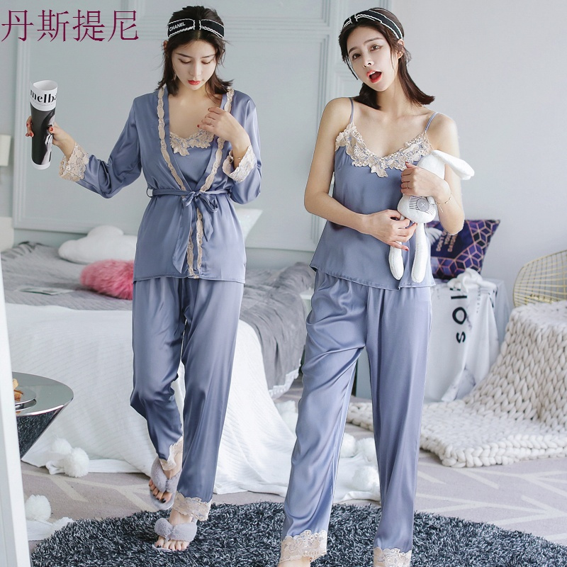 睡衣女春秋三件套装夏女士真丝绸性感带冰丝长袖薄款家居服秋季