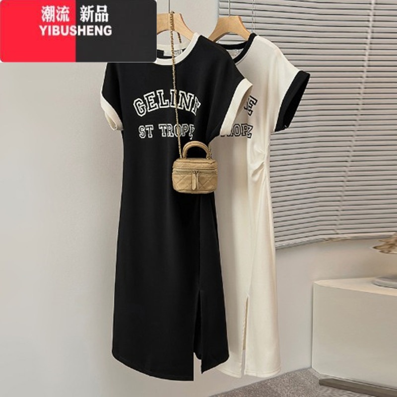 YIBUSHENG大码女装t恤连衣裙小个子季衣服微胖mm收腰显瘦开叉长款裙高清大图