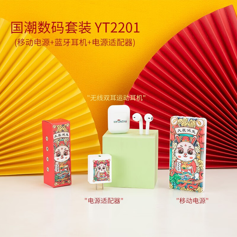 HYUNDAI 国潮数码套装 YT2201移动电源+蓝牙耳机+电源适配器高清大图