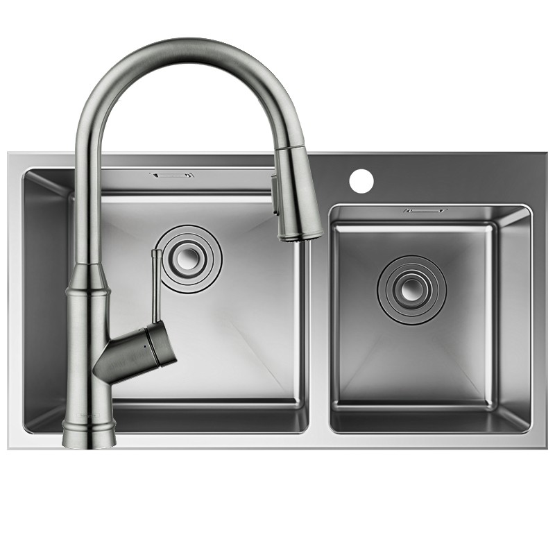 汉斯格雅水槽304不锈钢双槽抽拉式龙头水槽洗菜盆洗碗盆水池龙头高清大图