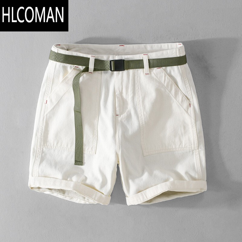 HLCOMAN夏季工装男短裤宽松休闲裤帅气青年潮流百搭白色五分裤子
