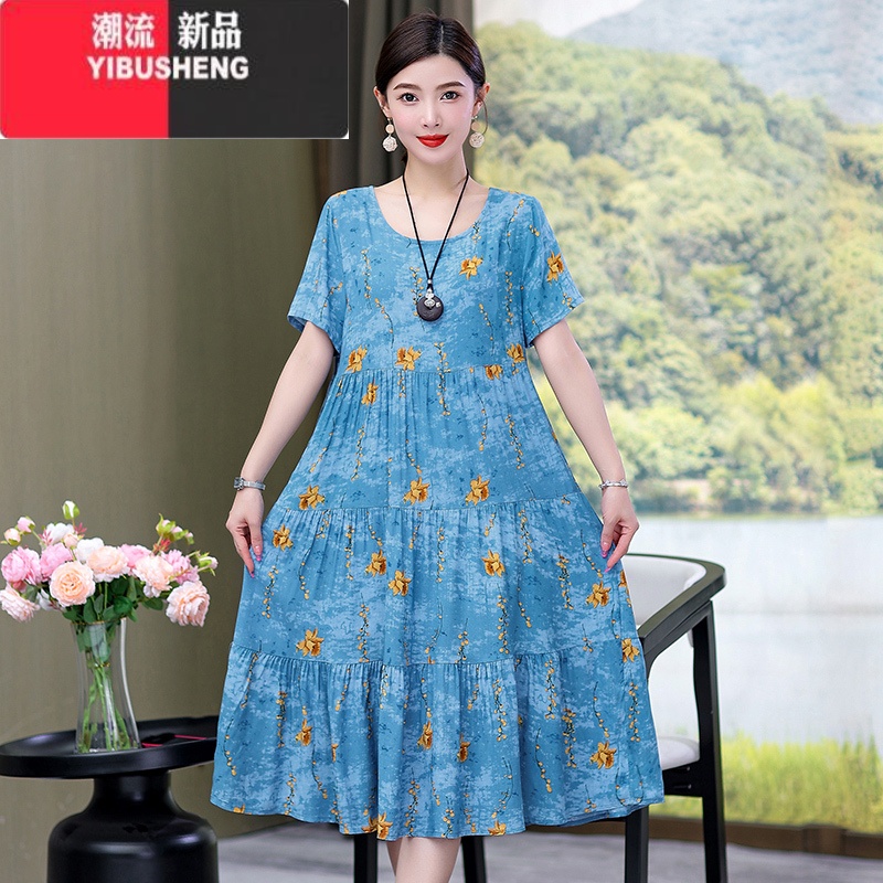 YIBUSHENG棉绸连衣裙女季大码时尚年轻妈妈装气质甜美孕妇碎花中装妈气裙 3XL建议130-145斤 216#11号