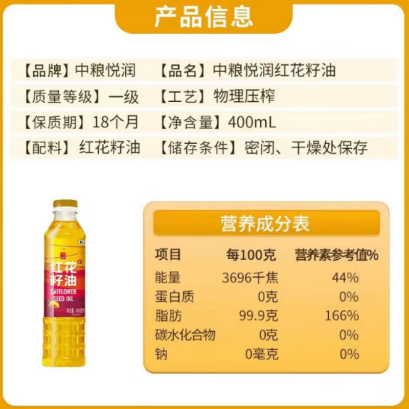 福临门 1200ml 中粮悦润红花籽油套盒高清大图