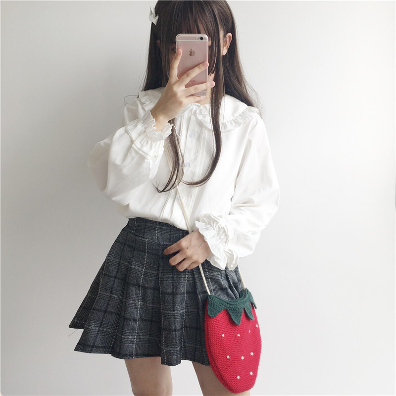 春夏女装少女宽松显瘦木耳边娃娃衬衫+ulzzang格子短裙百褶裙白色均码