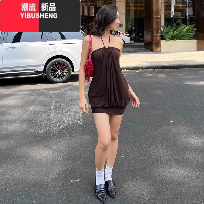 YIBUSHENGgusty欧美复古风性感挂脖抹胸连衣裙y2k时尚辣妹垂坠感弹力包臀裙高清大图