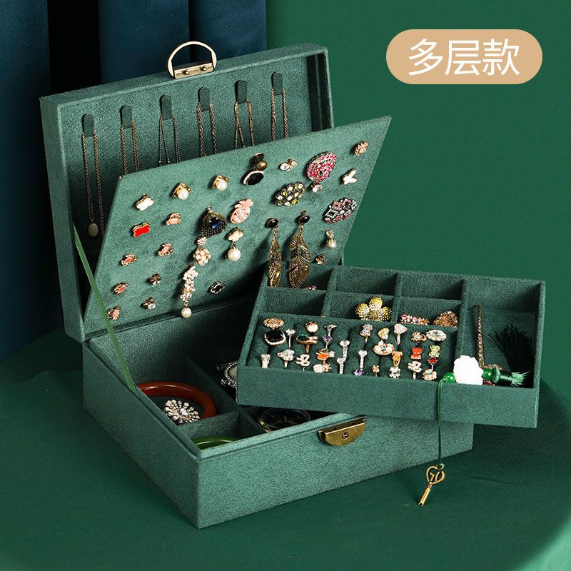 风复古女饰品盒子带锁多功能戒指耳钉手镯收纳盒单层款墨绿>800_800