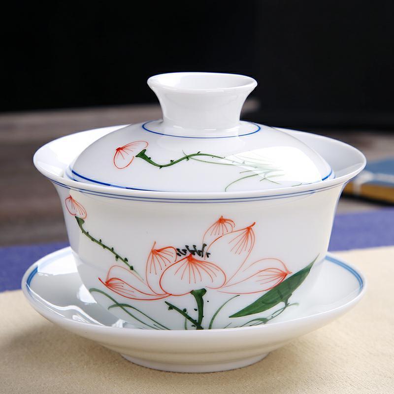 手绘白瓷盖碗茶具陶瓷茶杯套装泡茶功夫茶具大茶碗泡茶碗茶具配件墨荷