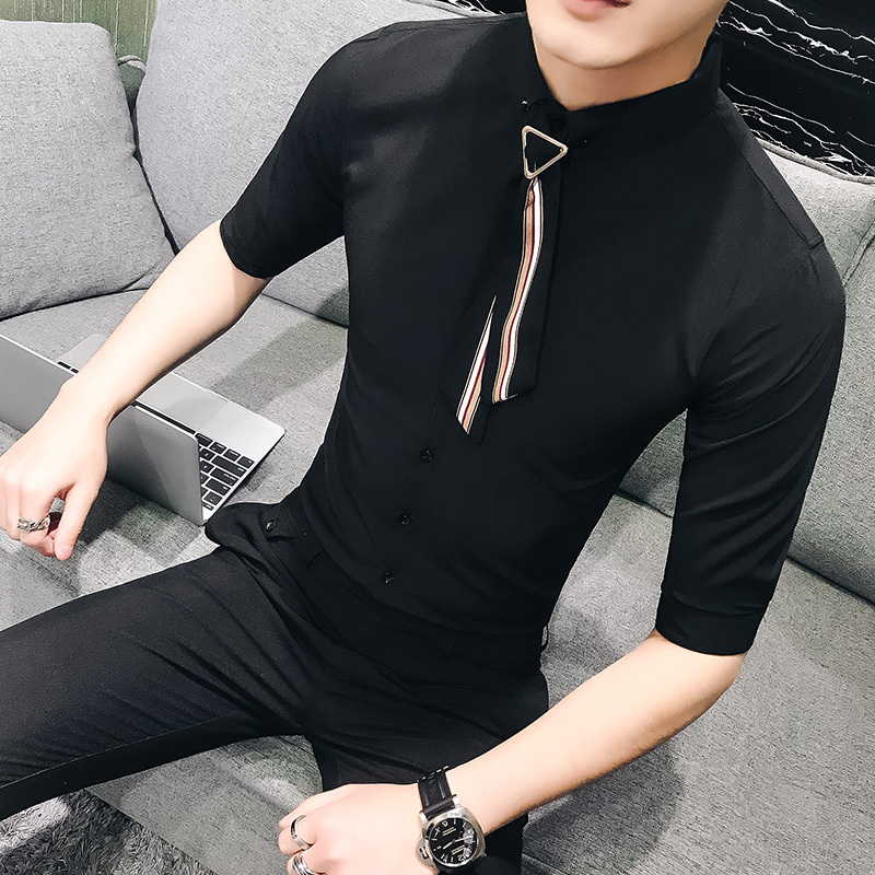 夏款夜场型男简约宴会礼服青年修身七分袖衬衫韩版中袖衬衣工作服
