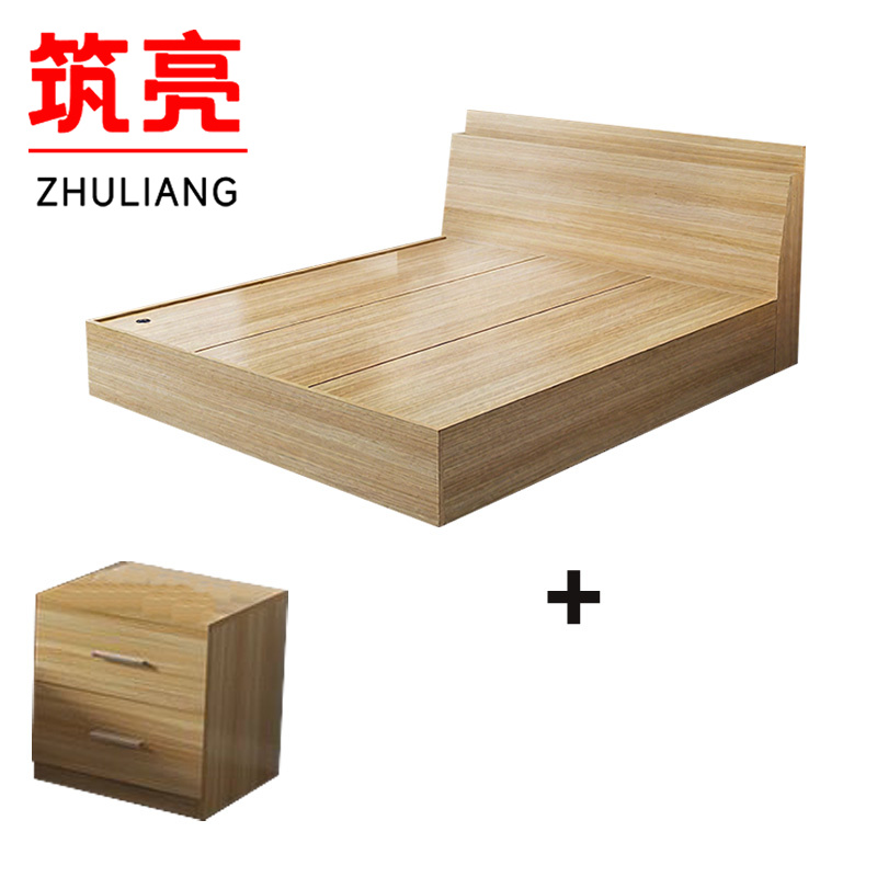 筑亮 家用床 150*200*88cm原木色+床头柜 套高清大图