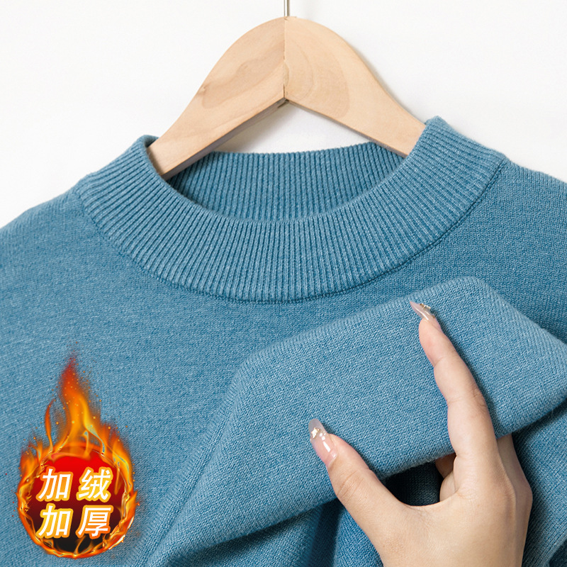 一体绒半高领毛衣男2025秋冬加绒加厚纯色保暖打底男士针织衫高清大图