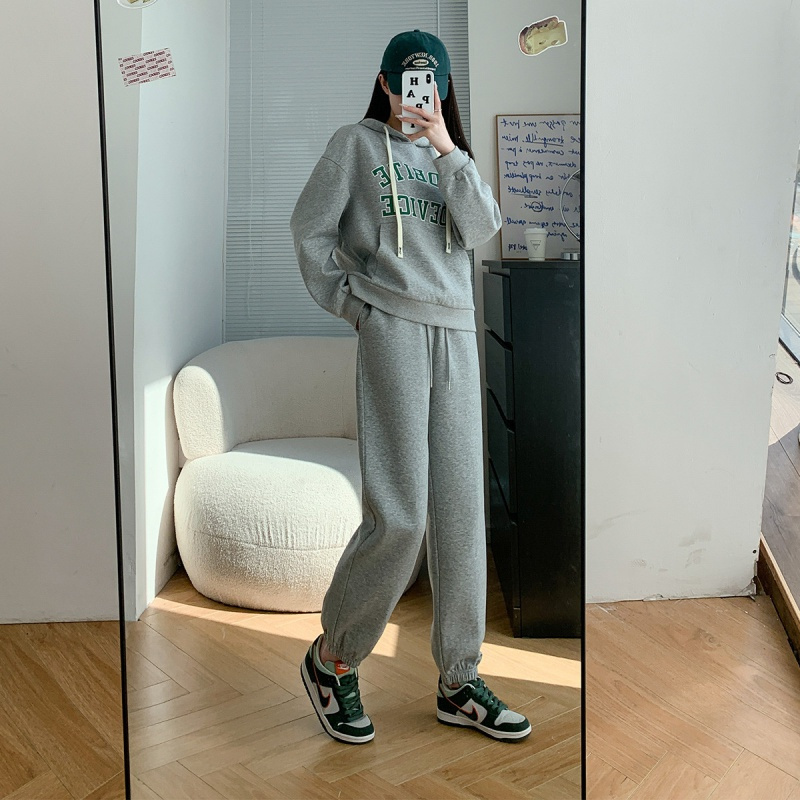 唐狮 女春装连帽前胸字母学院风卫衣长裤ins