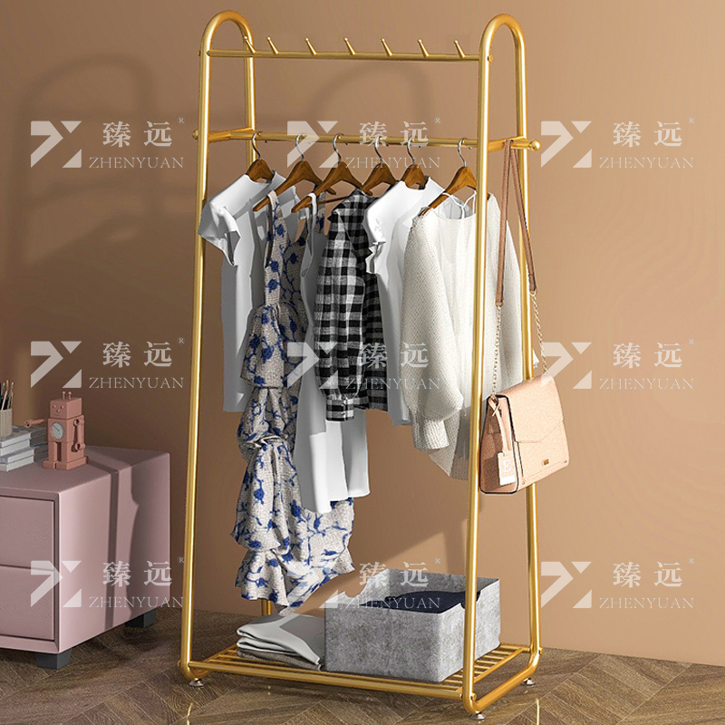 臻远 ZY4080144简约铁艺衣帽架落地衣架多功能挂衣服架子 金色100高清大图