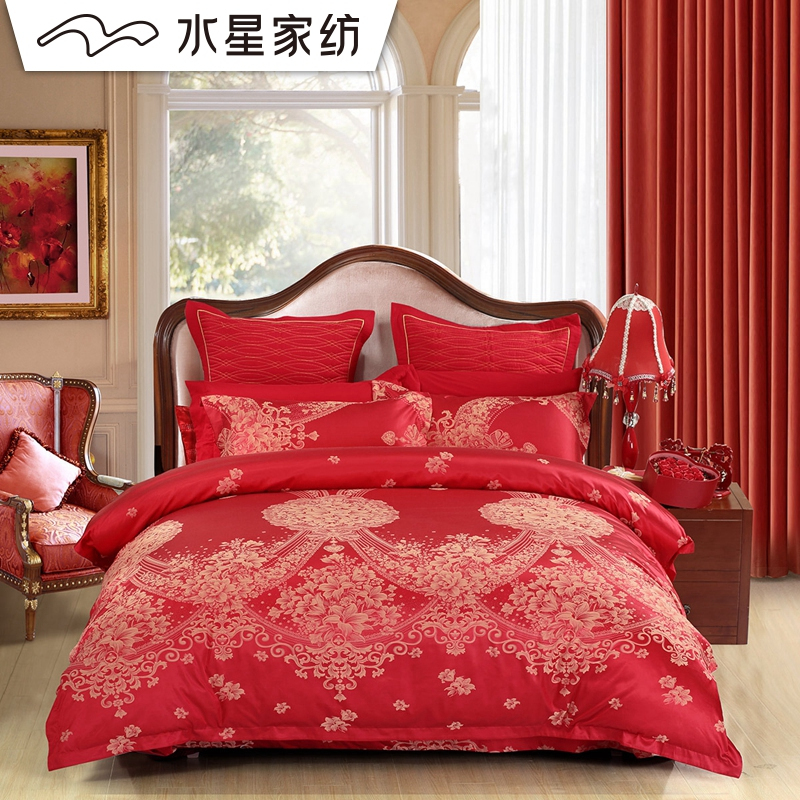 水星(MERCURY) 家纺 床品套件大提花婚庆四件套 并蒂良缘 红色1.8床其他 220*240cm