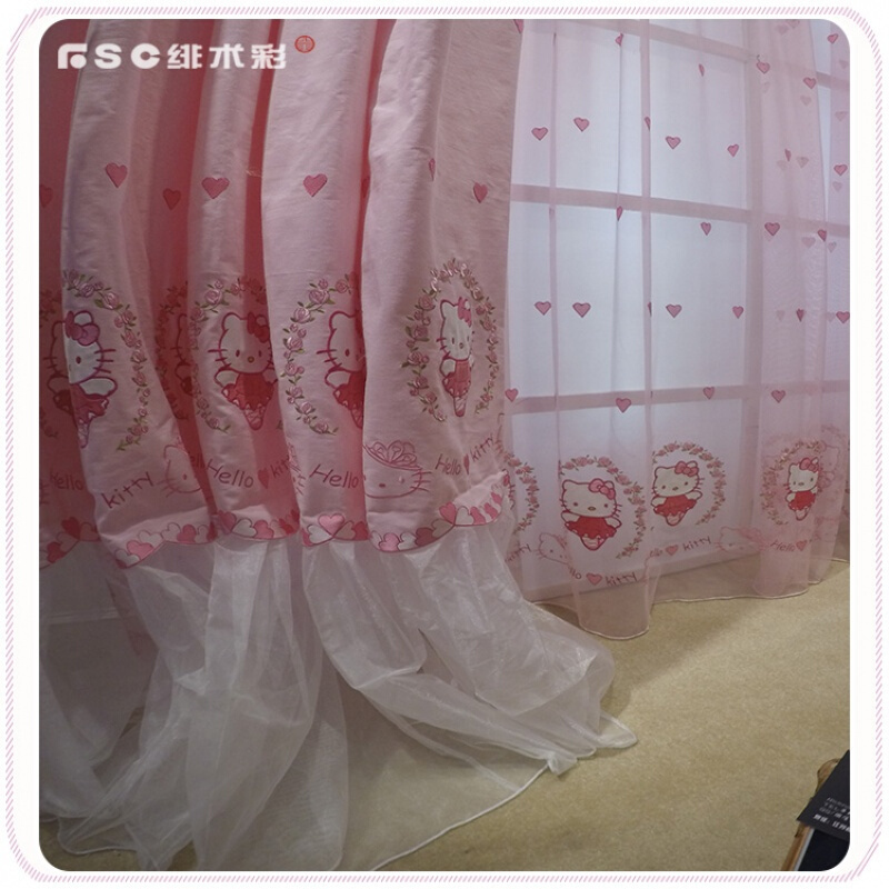 FSC绯术彩进口粉色KT公主风窗帘hellokitty女孩房绣花凯蒂猫窗纱