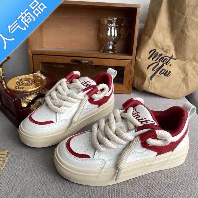 SUNTEK小众原创面包鞋女2023新款美式鞋子ins潮厚底小白鞋皮面透气板鞋 白红 38