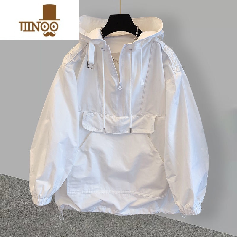 YANXU300斤特大码简约连帽冲锋衣200斤外套男女秋新款宽松工装拼接风款高清大图