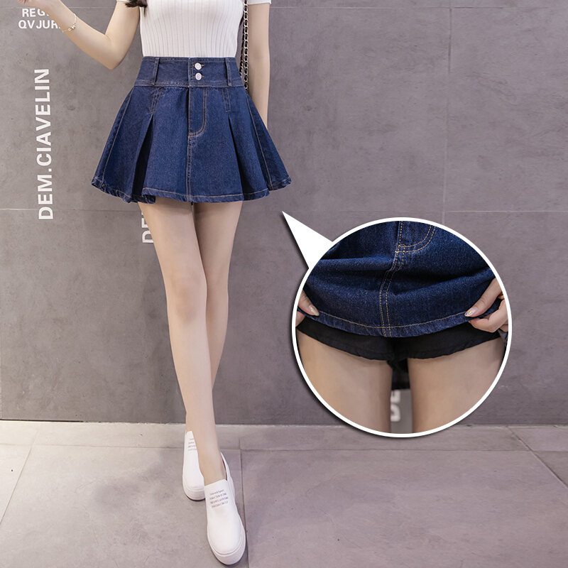 夏季新款韩版大码防走光牛仔短裙裤裙女显瘦a字百褶裙半身裙伞裙蓝色