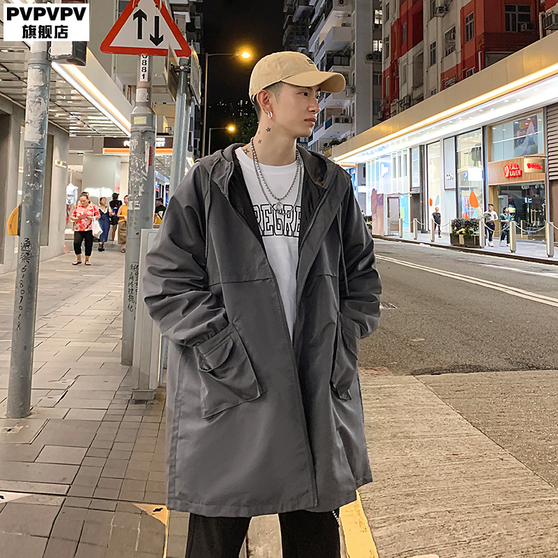 SUNTEK交叉痞帅风衣男中长款秋季韩版潮流大码胖子宽松连帽秋天外套男士风衣