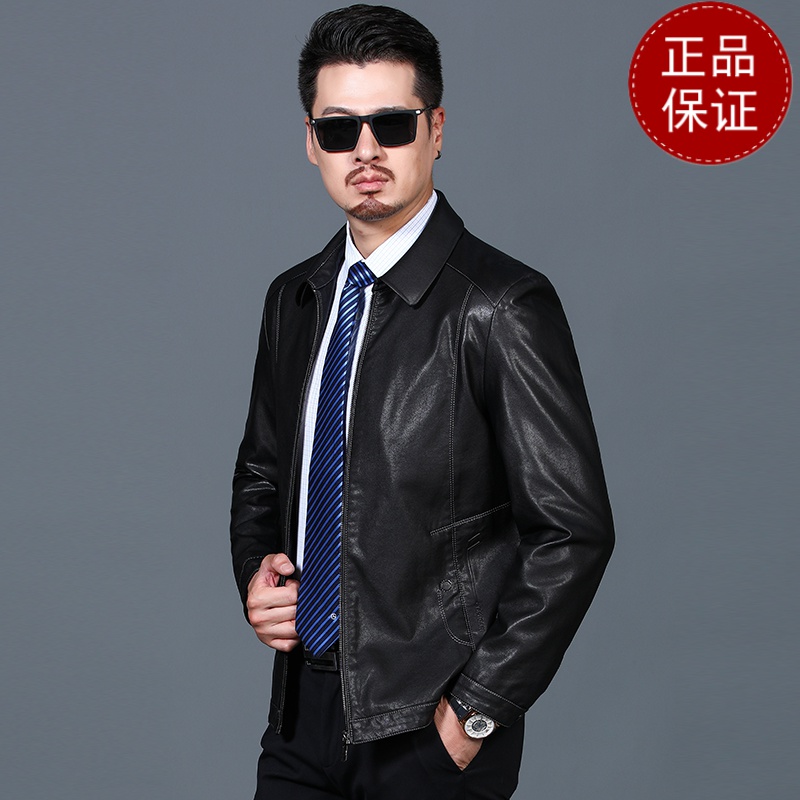 免费试穿 中年男人皮衣翻领短款爸爸衣服时尚休闲皮夹克仿真皮外套仿水保暖2024冬装新款外套潮海宁软皮夹克大码男装高清大图
