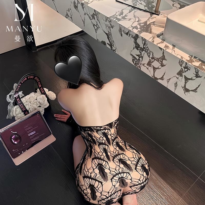 情趣内衣女大码短裙中袖镂空开裆提花连身袜纯欲睡衣连体网袜W10高清大图