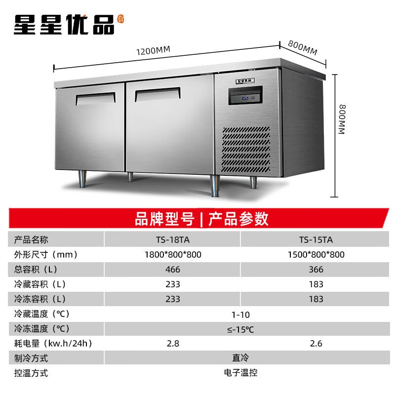 星星优品1.8米铜管双温工作台保鲜柜商用卧式冰柜不锈钢全铜管操作台厨房商用奶茶操作台 TS-18TA(铜管)