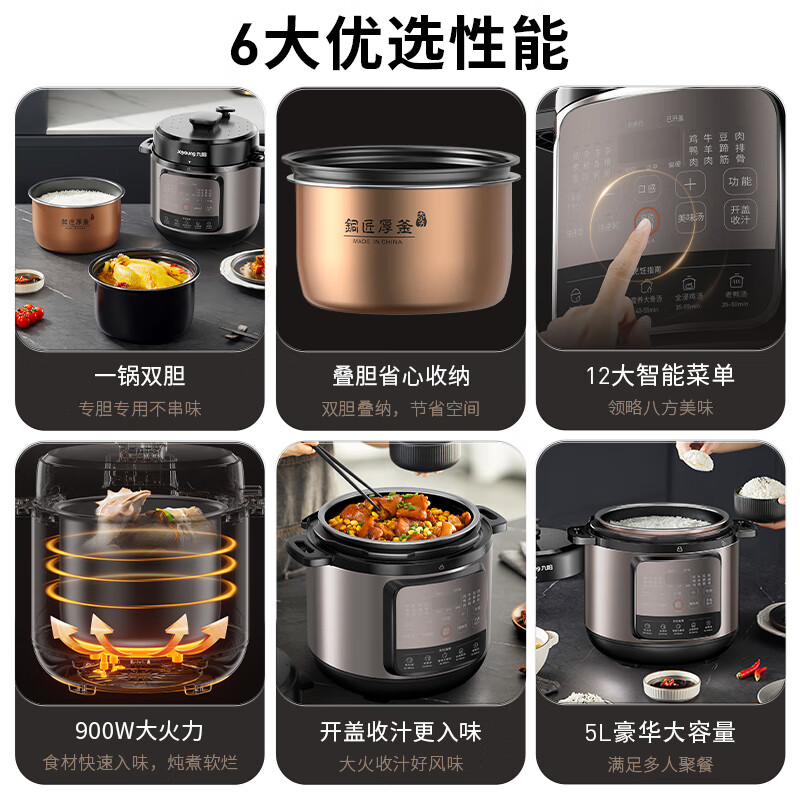 九阳电压力煲Y-50H108 家用大容量多功能电压力煲双胆智能预约电高压锅 银黑色高清大图