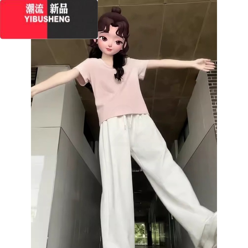 YIBUSHENG短袖女季2024新款粉色正肩t恤韩系宽松简约百搭显瘦U领上衣高清大图