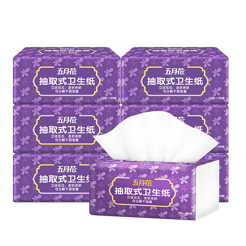五月花 抽纸 抽卫系列 3层100抽6包*3组(L码)舒适柔厕纸抽取式卫生纸厕所大规格纸巾
