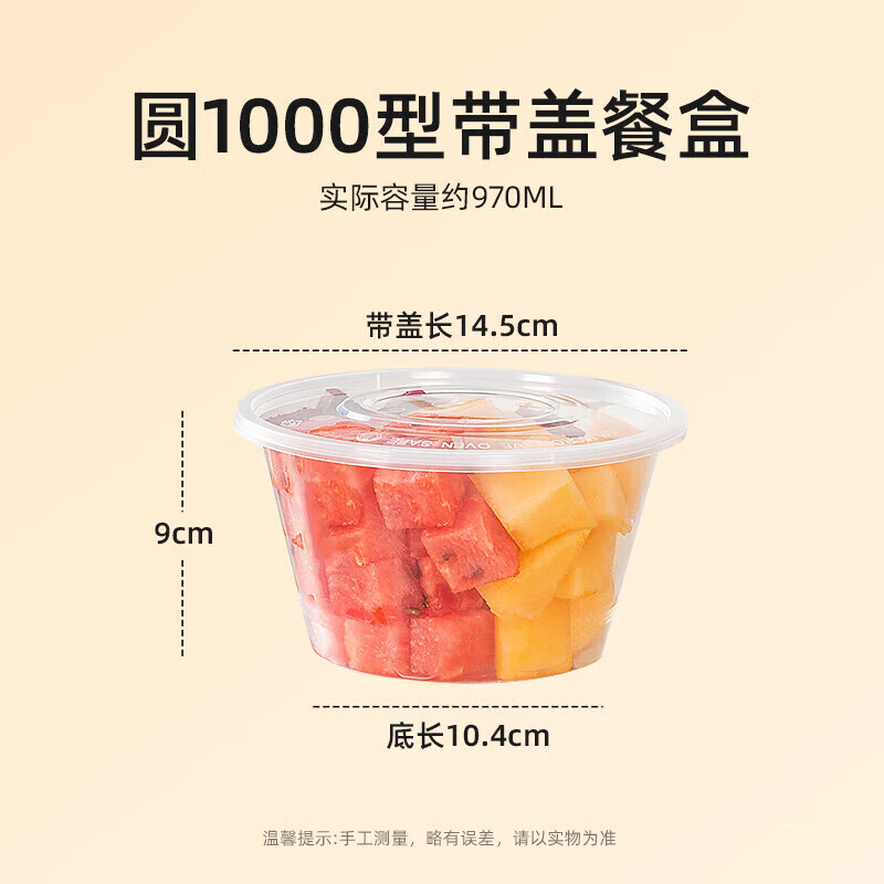 特美居 一次性圆形1000型光面直底带盖打包餐盒300套装透明TMJ-6048 BJDT