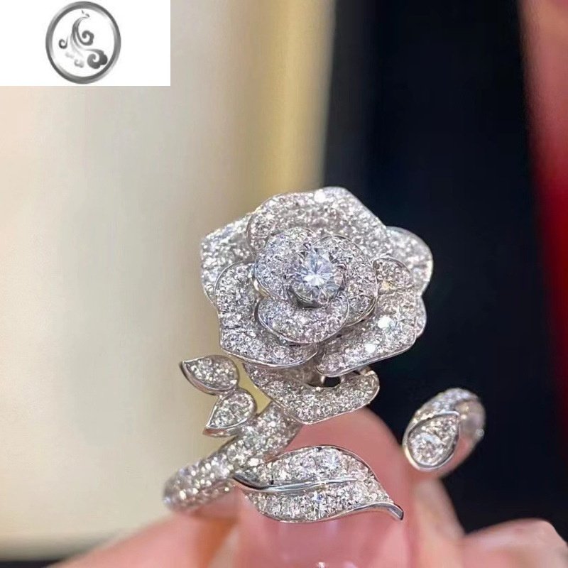 JiMivintage微镶满钻轻奢玫瑰花戒指女气质百搭ins网红山茶花指环饰品