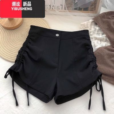 YIBUSHENG季薄款系带休闲短裤女2023新款大码弹力高腰显瘦a字辣妹热裤薄 XL建议120-130斤 黑色