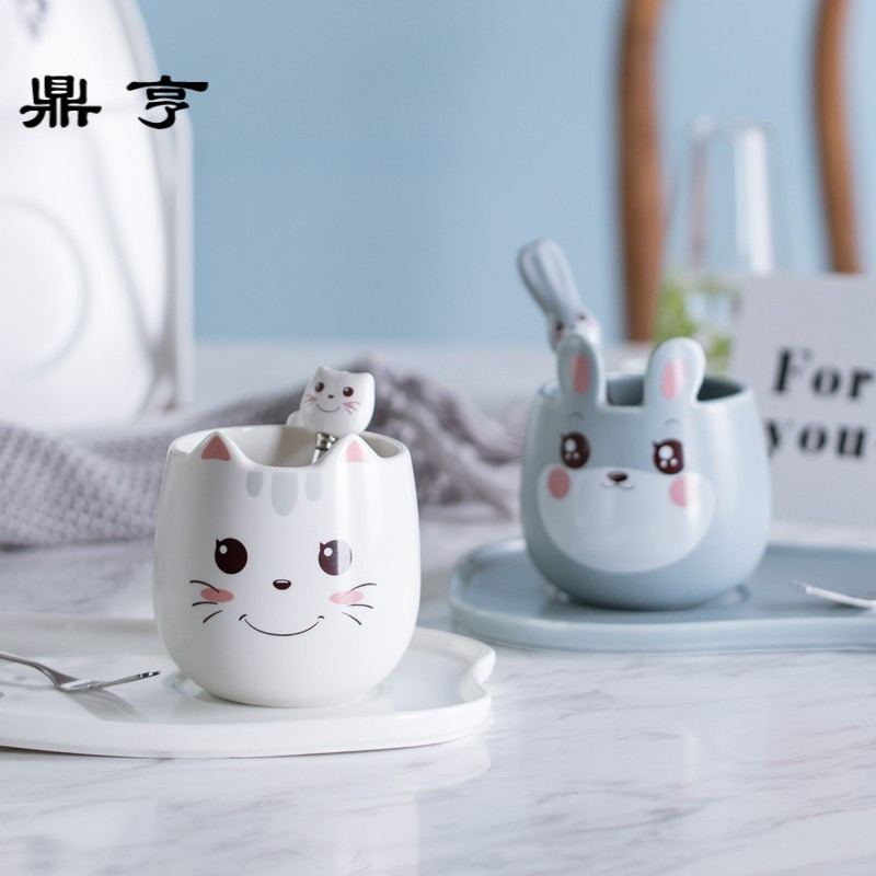 鼎亨儿童卡通陶瓷餐具马克杯水杯早餐杯牛奶杯咖啡杯盘四件套